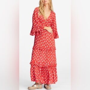 Billabong Time After Time V-Neck Maxi Dress Size Small Flutter Flowy Floral Boho